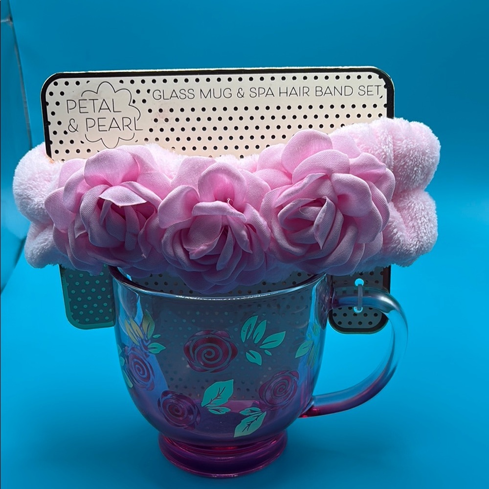 Petal & Pearl Pink Glass Mug and Spa Hair Band Set